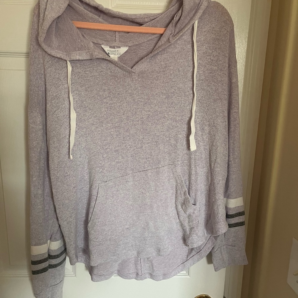 Market & Spruce Heathered Purple Hoodie with Striped Sleeves Size L